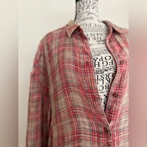 Free People Pink Plaid Flannel Top — Size Medium